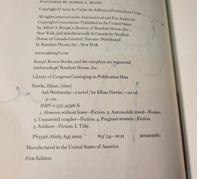 Signed Ethan Hawke Ash Wednesday : A Novel (2002, Hardcover)